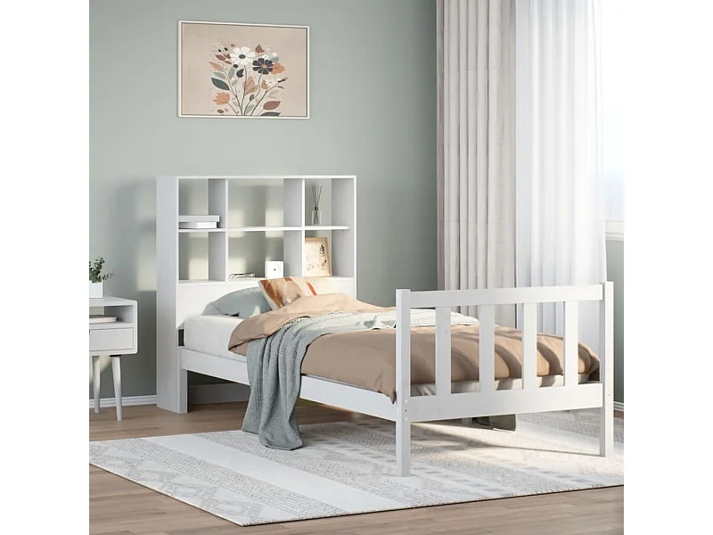 Lit bibliothèque sans matelas blanc 90x190cm bois de pin massif