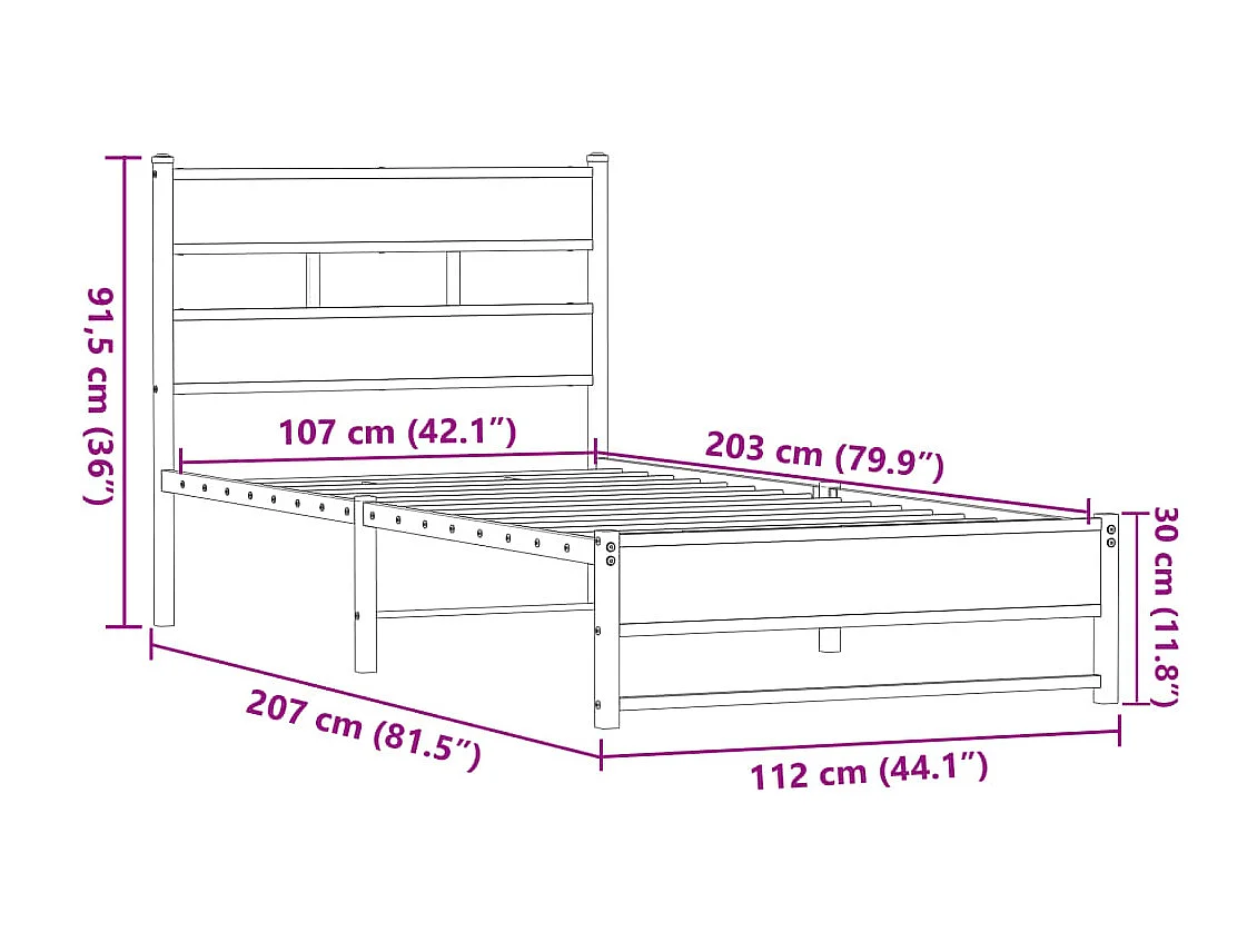 Estrutura de cama sem colchão 107x203cm metal carvalho castanho