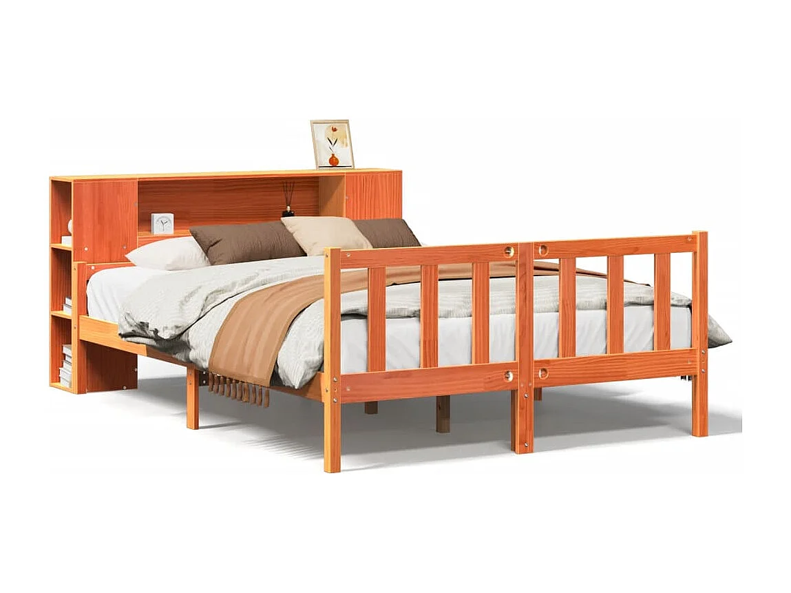 Lit bibliothèque sans matelas cire marron 150x200cm bois massif