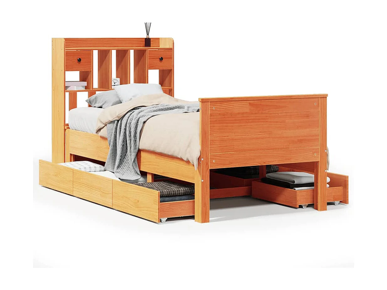 Cama con estantería sin colchón madera maciza marrón 75x190 cm