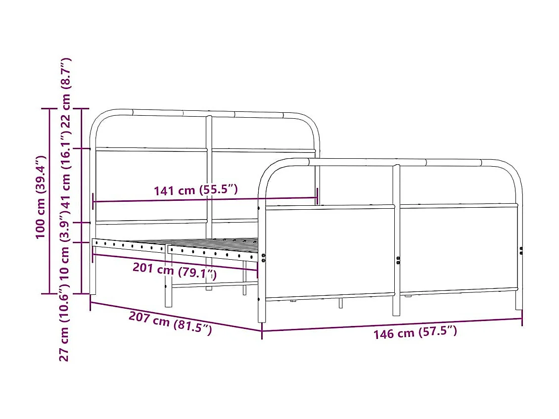 Estrutura de cama sem colchão 140x200 cm metal carvalho fumado