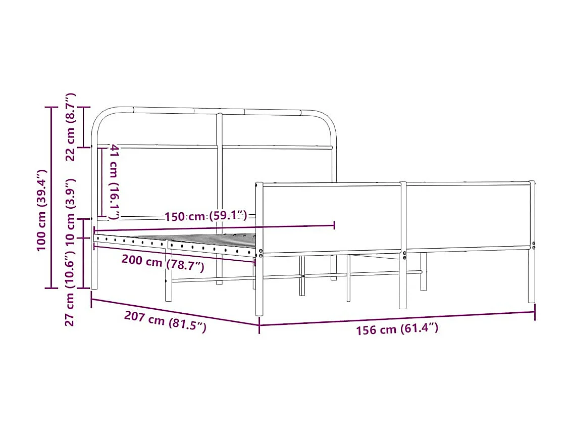 Estrutura de cama sem colchão 150x200cm metal carvalho sonoma