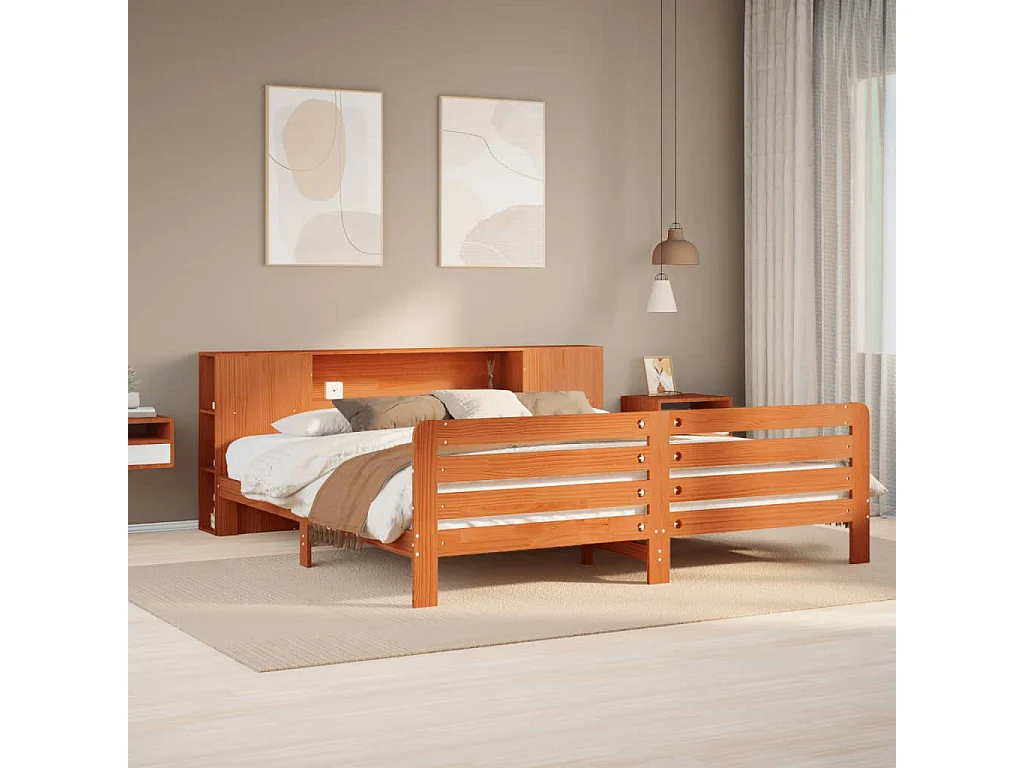 Cama sin colchón madera maciza de pino marrón cera 200x200 cm