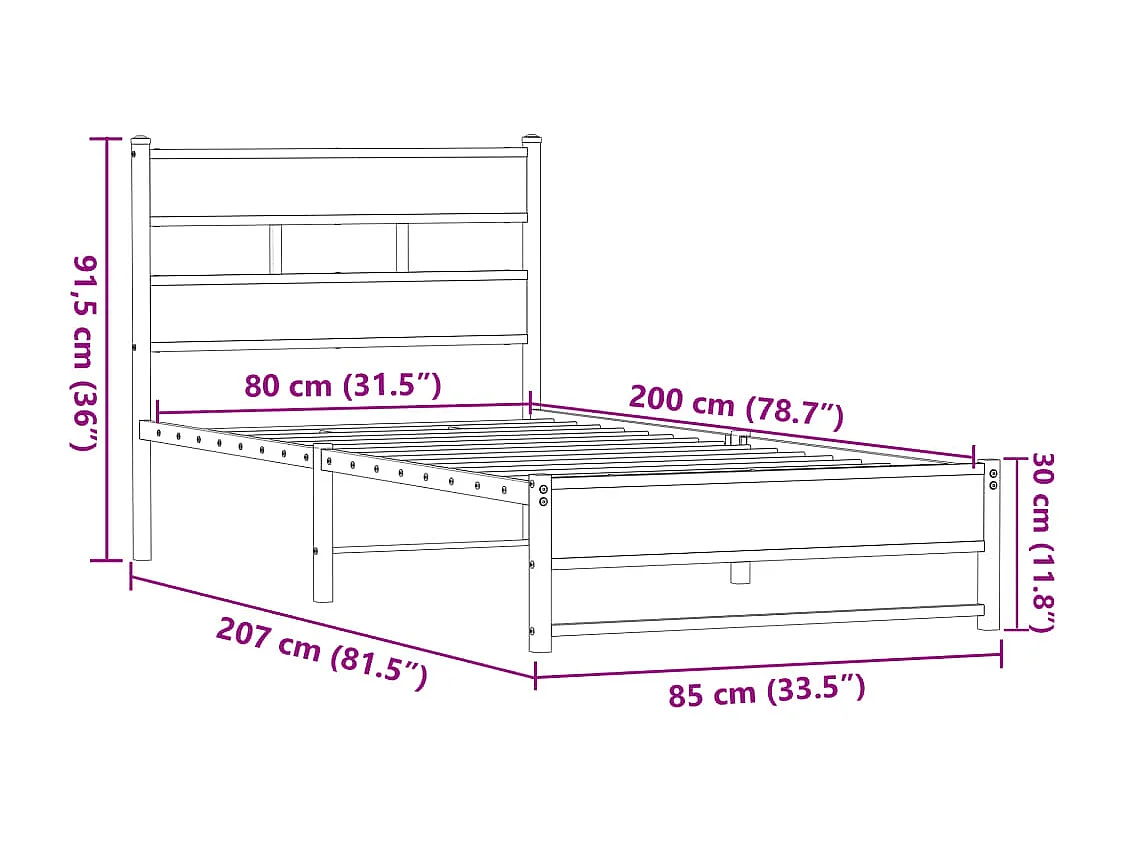 Cadre de lit en métal sans matelas chêne marron 80x200 cm