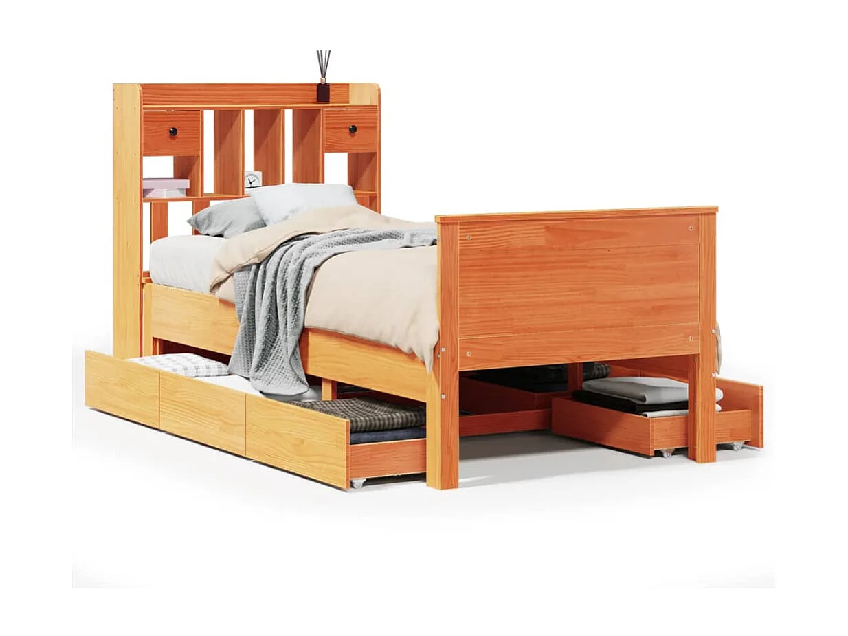 Lit bibliothèque sans matelas cire marron 100x200 cm pin massif