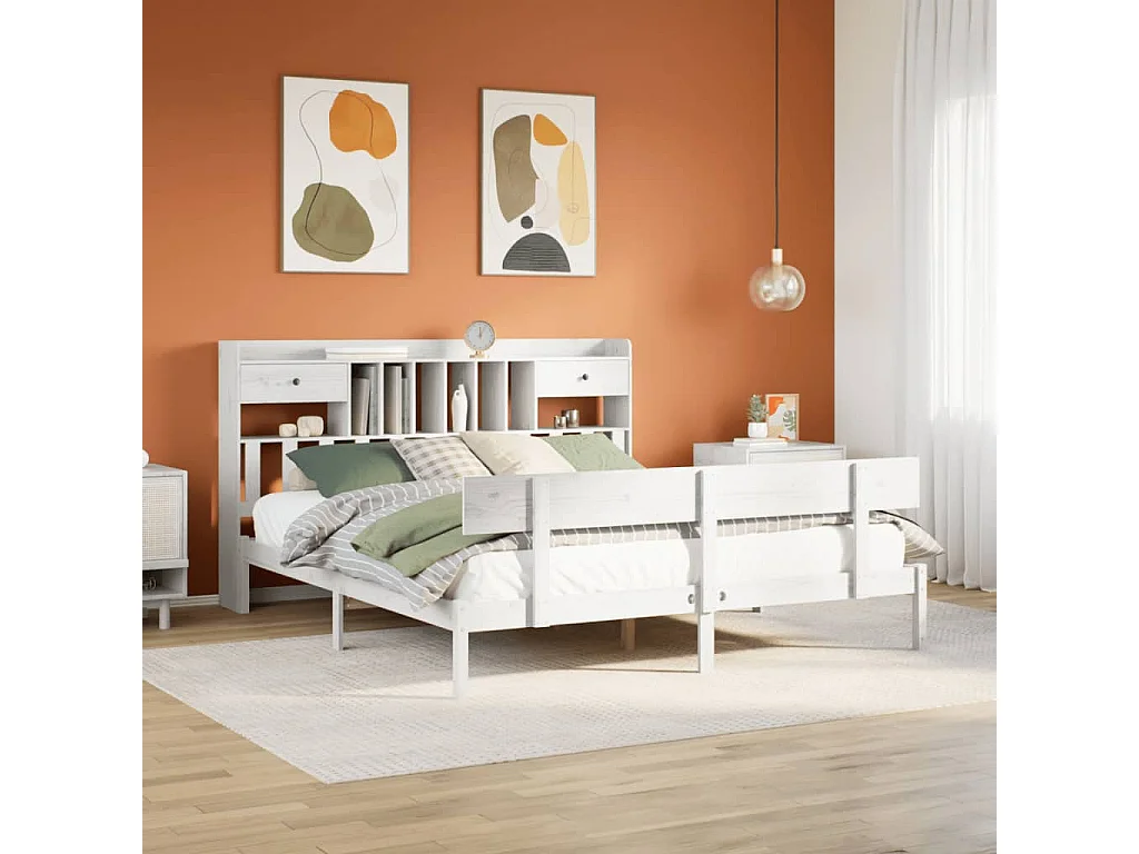 Cama con estantería sin colchón madera maciza blanca 180x200 cm