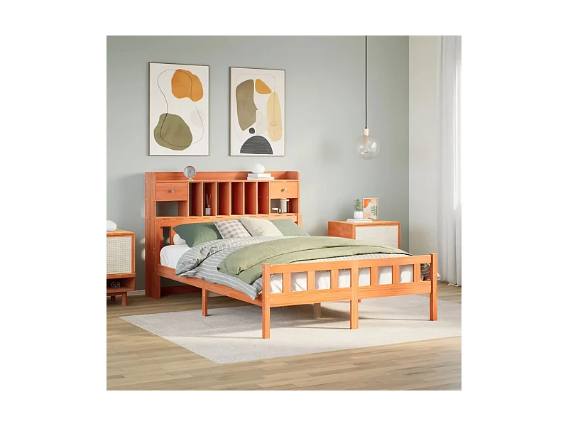 Cama con estantería sin colchón madera maciza marrón 150x200 cm