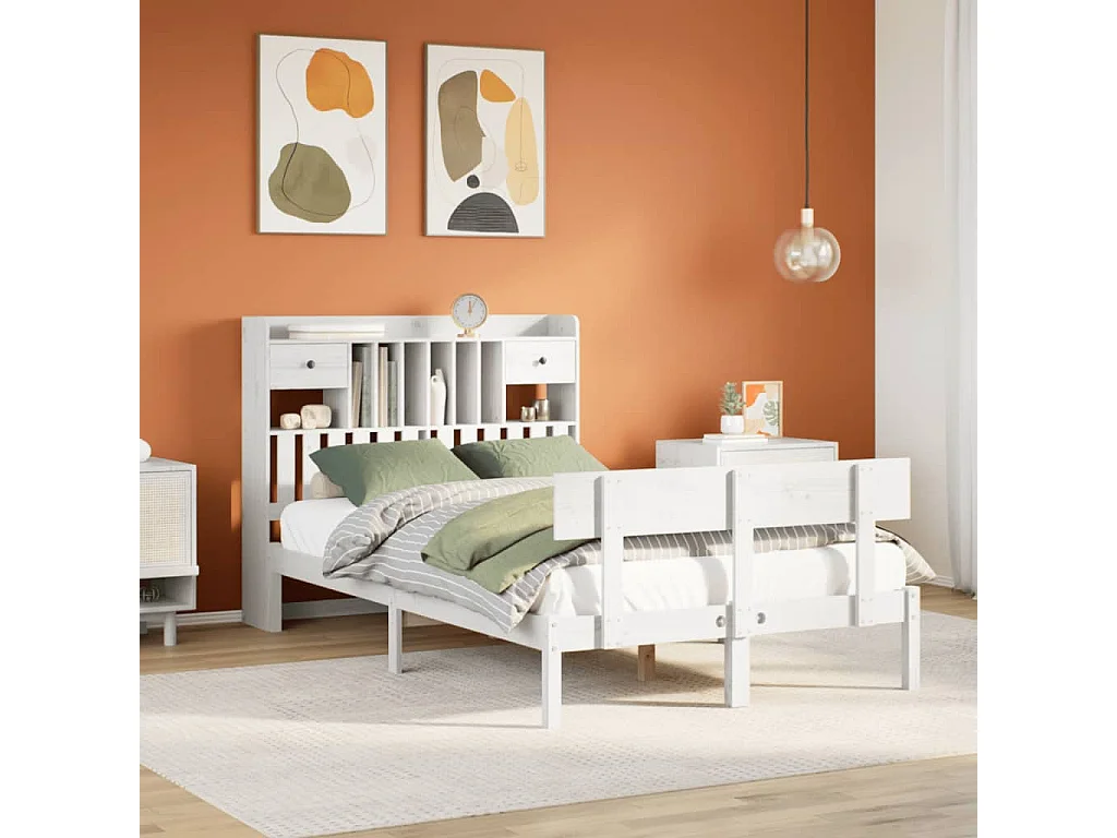 Cama con estantería sin colchón madera maciza blanca 135x190 cm