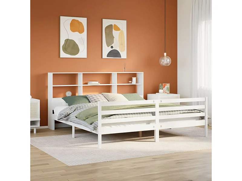 Cama con estantería sin colchón madera maciza blanca 180x200 cm