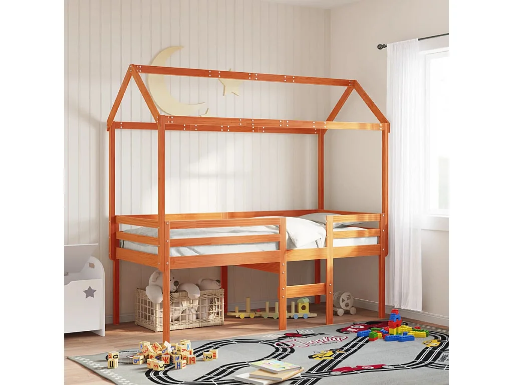 Cama alta con techo madera maciza de pino marrón cera 80x200 cm