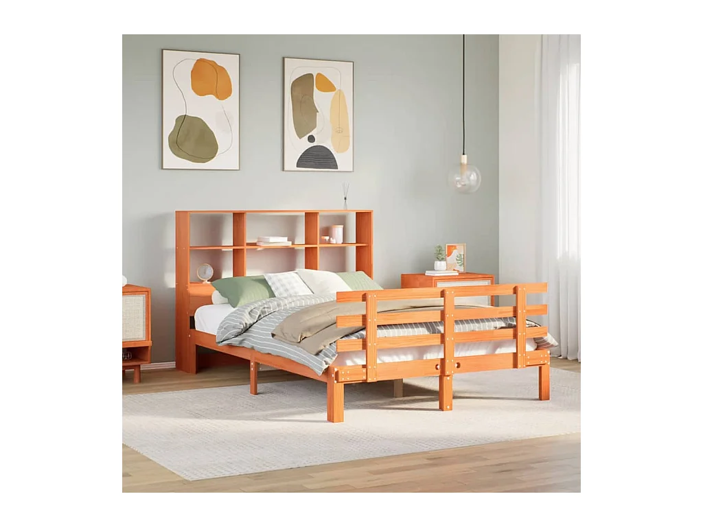 Lit bibliothèque sans matelas cire marron 140x190 cm pin massif