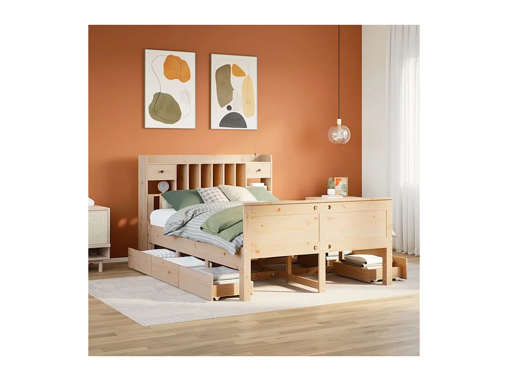 Cama con estantería sin colchón madera maciza de pino 140x190cm