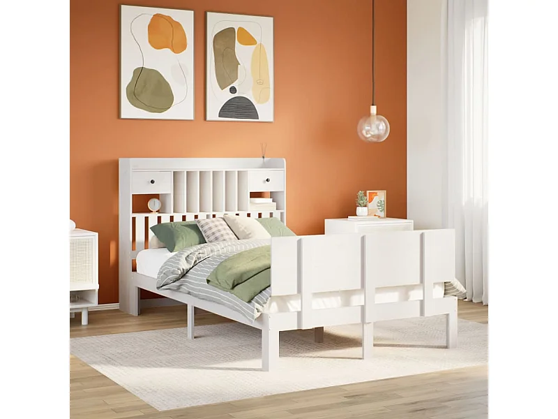 Cama com estante sem colchão 135x190 cm pinho maciço branco