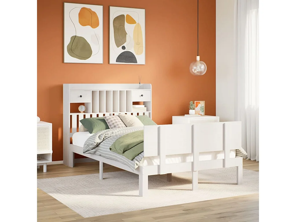 Cama com estante sem colchão 135x190 cm pinho maciço branco
