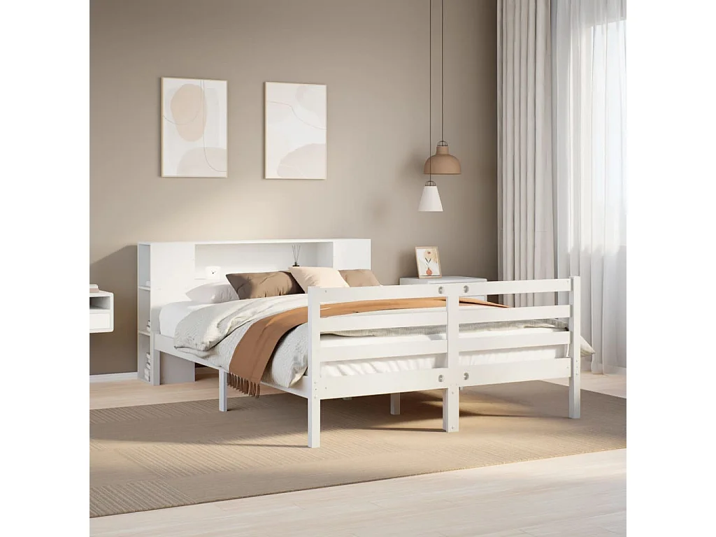 Cama con estantería sin colchón madera maciza blanca 120x200 cm