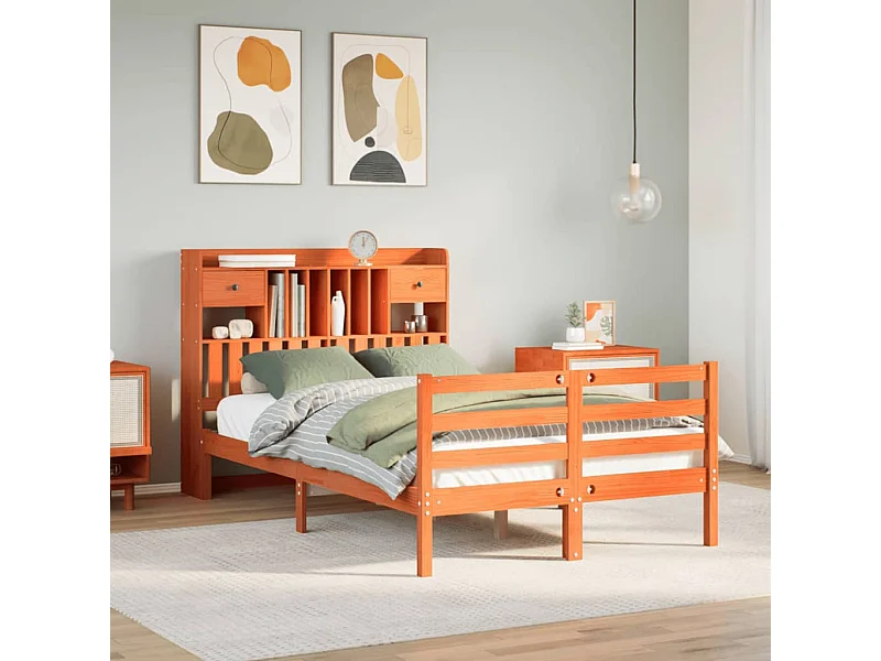 Cama con estantería sin colchón madera maciza marrón 135x190cm
