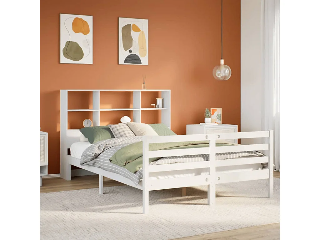 Lit bibliothèque sans matelas blanc 135x190 cm bois pin massif