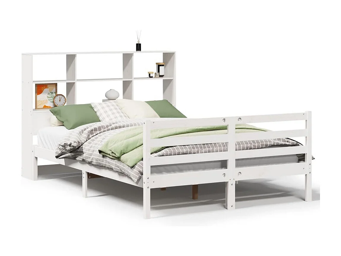 Lit bibliothèque sans matelas blanc 135x190 cm bois pin massif