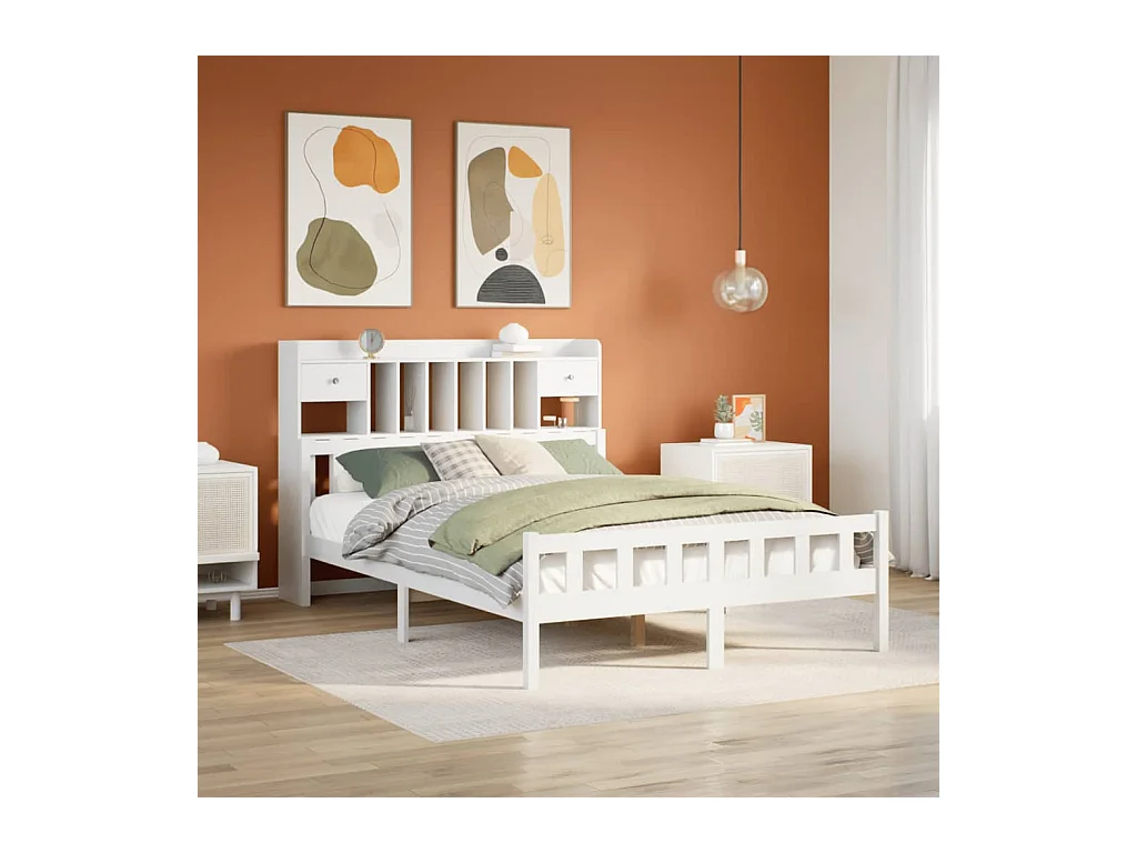 Cama con estantería sin colchón madera maciza blanca 160x200 cm