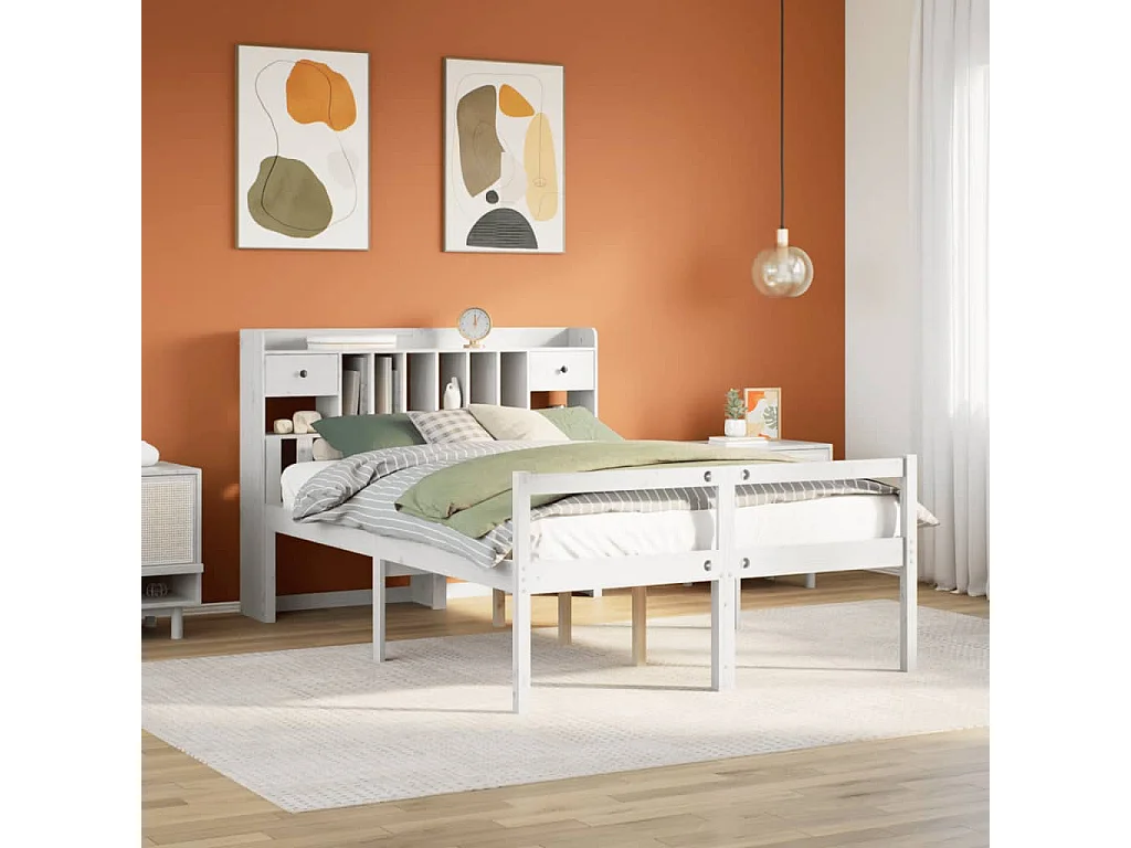 Lit bibliothèque sans matelas blanc 160x200 cm bois pin massif