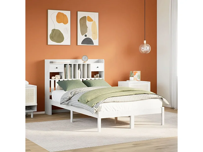 Lit bibliothèque sans matelas blanc 135x190 cm bois pin massif
