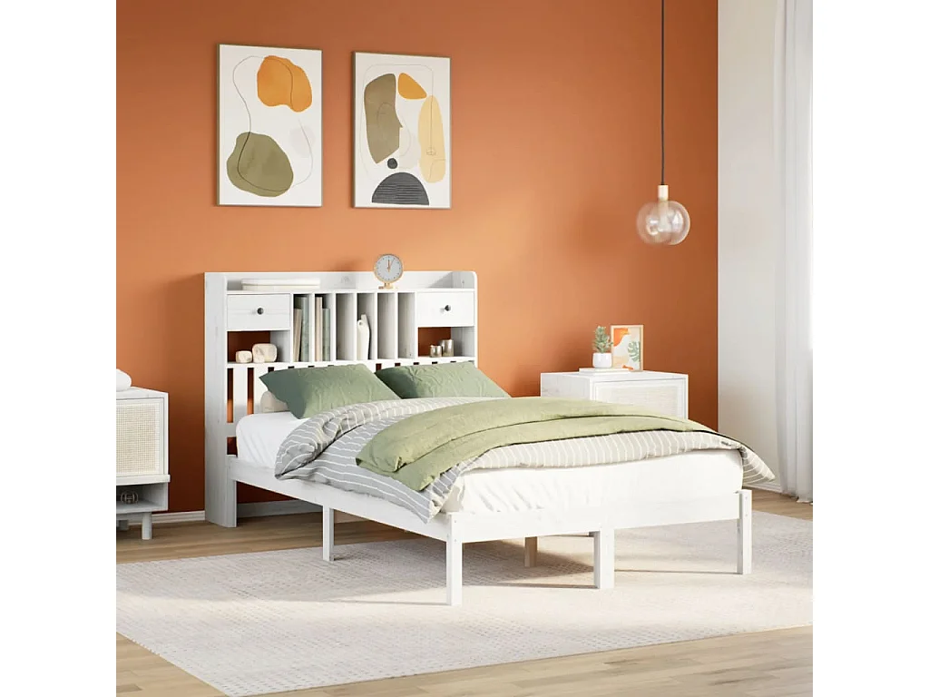 Cama con estantería sin colchón madera maciza blanca 135x190 cm