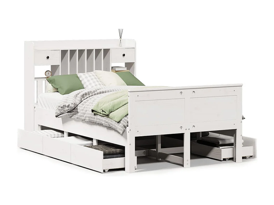 Cama con estantería sin colchón madera maciza blanca 135x190 cm