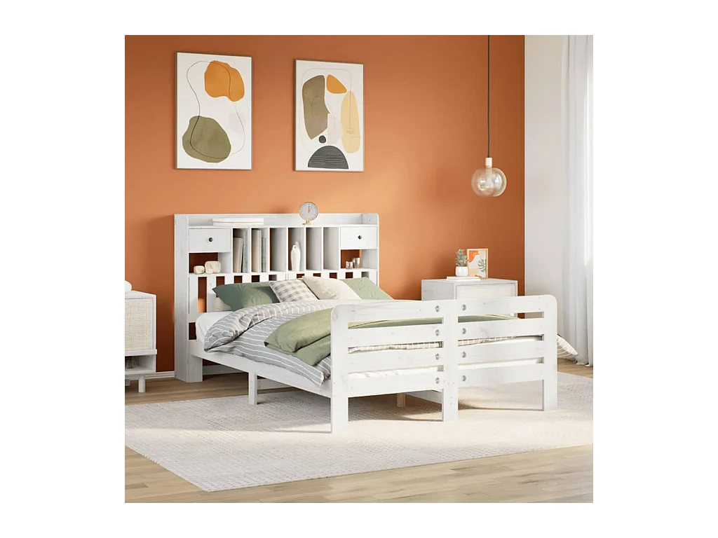 Lit bibliothèque sans matelas blanc 140x200 cm bois pin massif