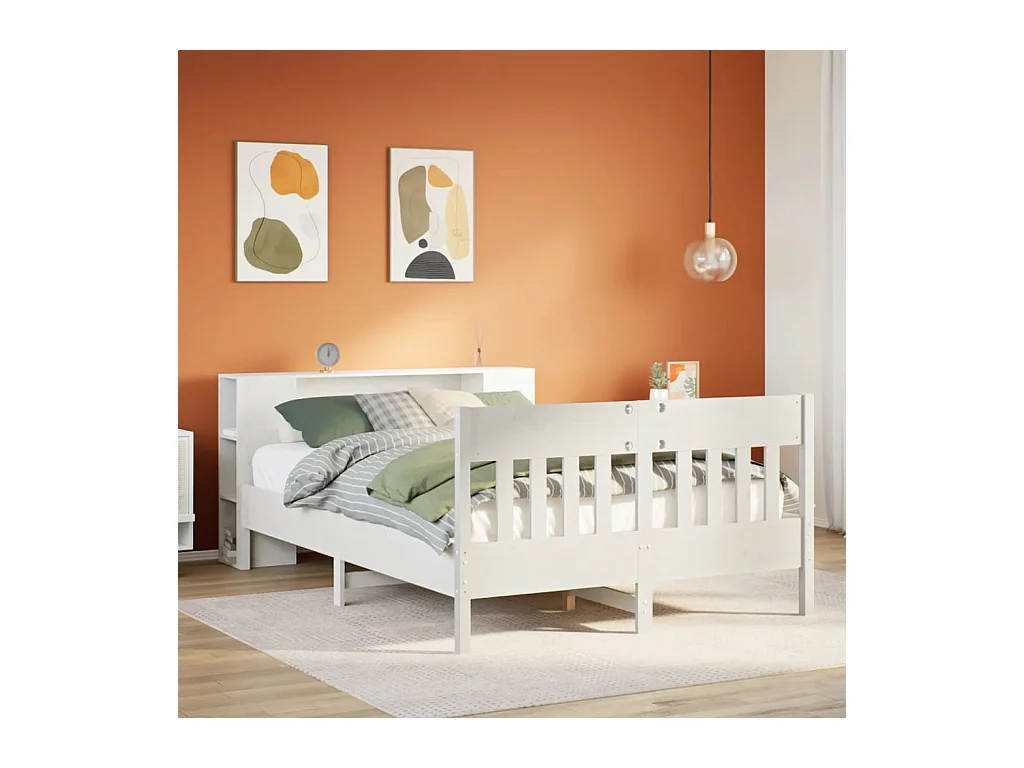Cama con estantería sin colchón madera maciza blanca 135x190 cm