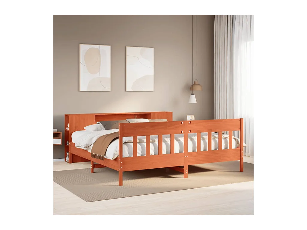 Lit bibliothèque sans matelas cire marron 180x200 cm pin massif