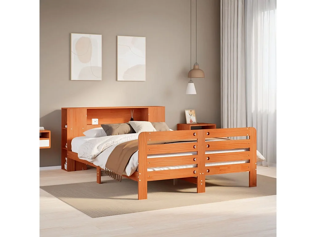 Cama sin colchón madera maciza de pino marrón cera 140x190 cm