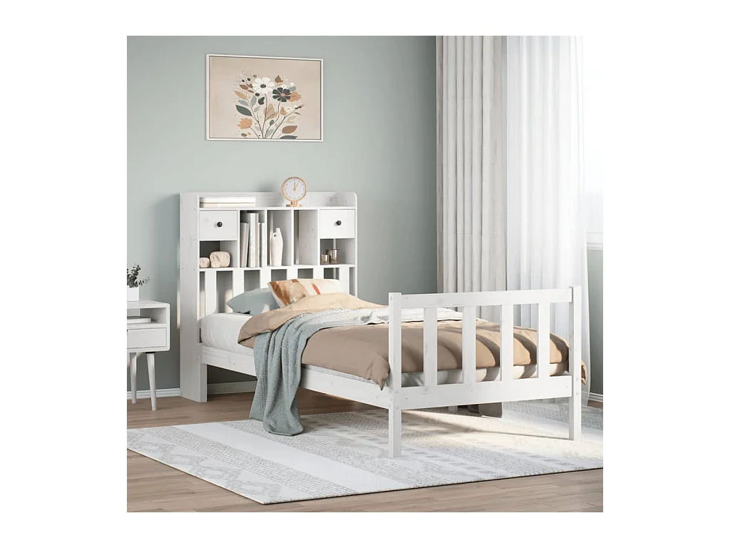 Lit bibliothèque sans matelas blanc 90x190cm bois de pin massif