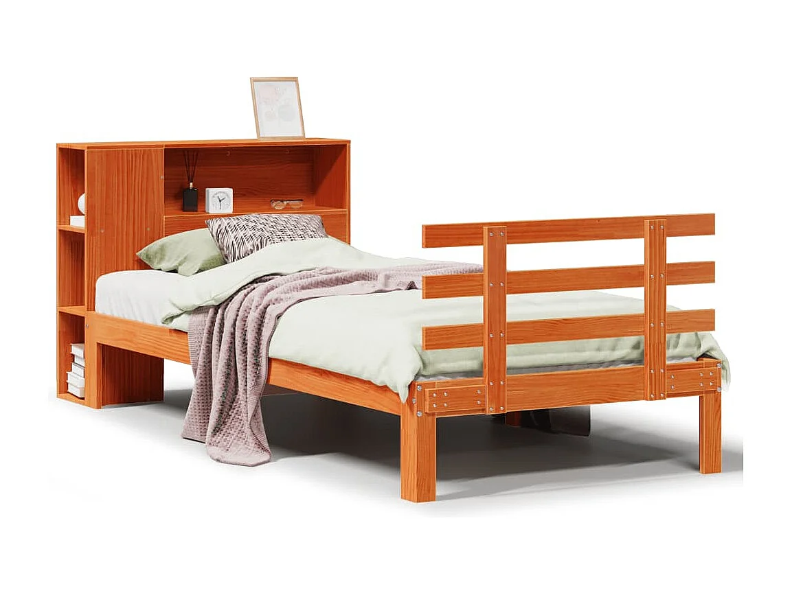 Cama com estante sem colchão 75x190cm pinho maciço castanho-mel