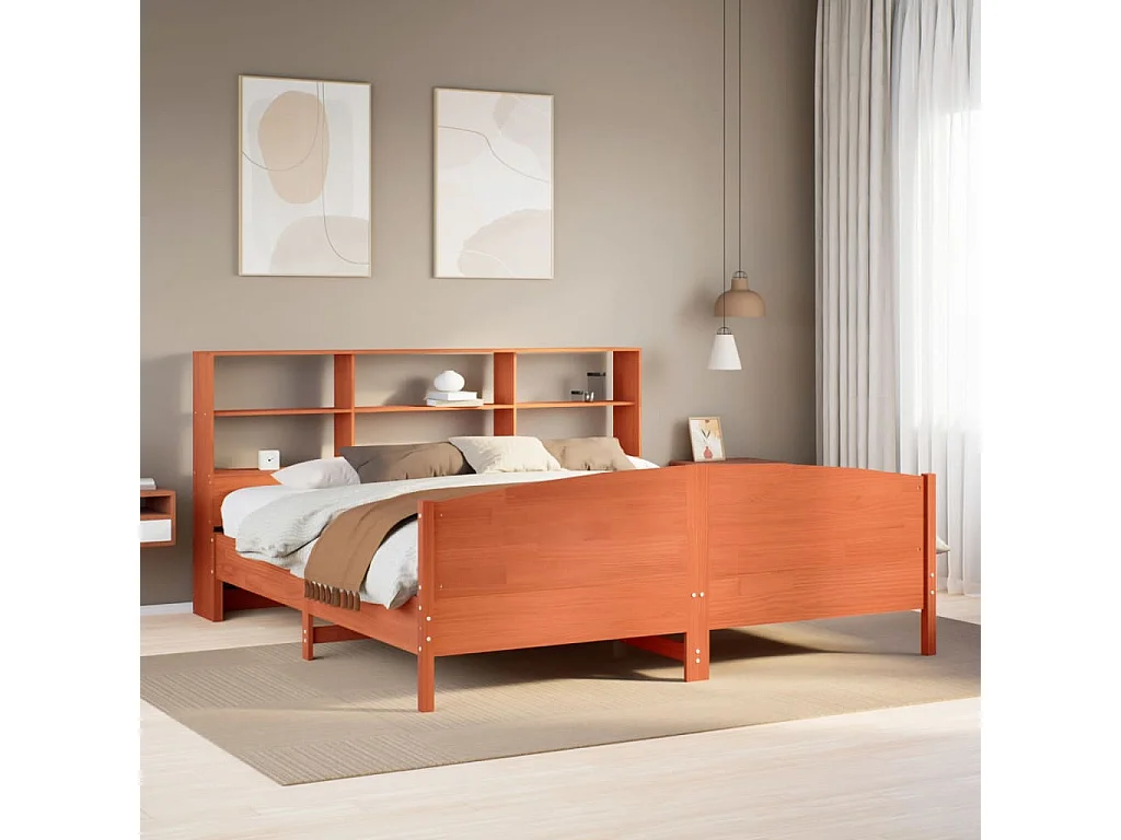 Lit bibliothèque sans matelas cire marron 200x200 cm pin massif