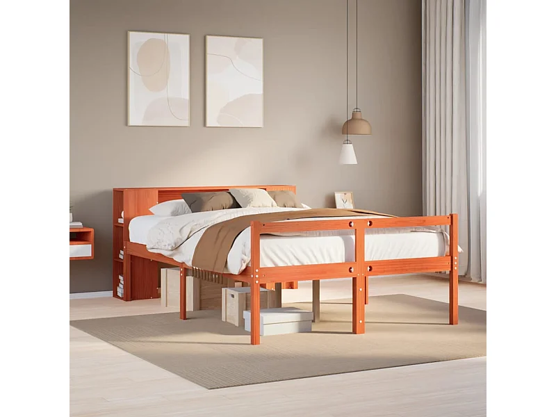 Lit bibliothèque sans matelas cire marron 150x200cm bois massif
