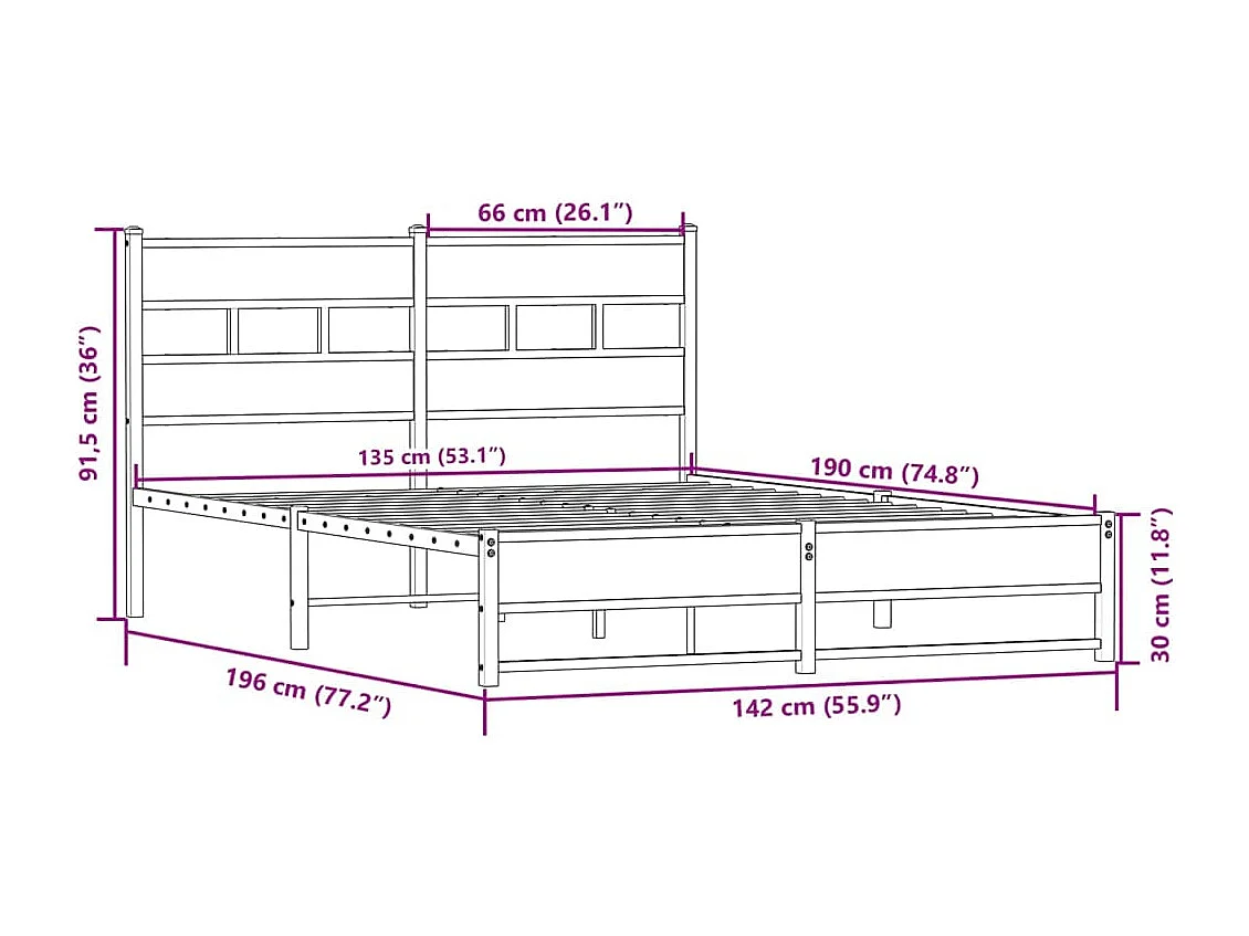 Estructura de cama sin colchón metal roble Sonoma 135x190 cm