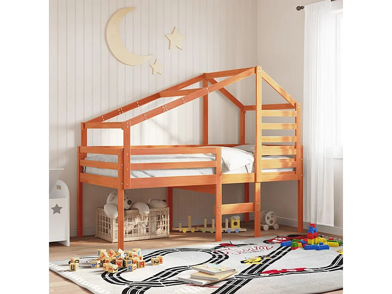 Cama alta con techo madera maciza de pino marrón cera 75x190 cm