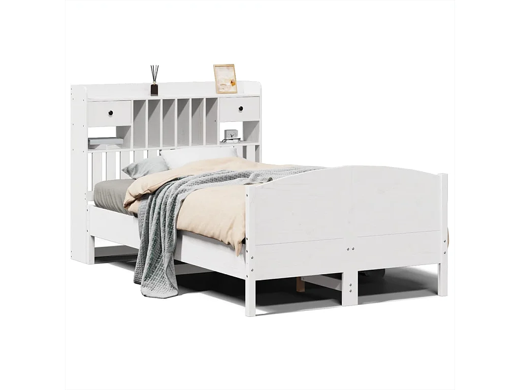 Cama con estantería sin colchón madera maciza blanca 135x190 cm