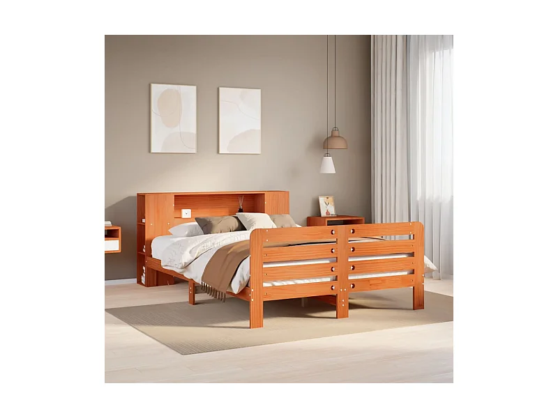 Cama sem colchão 150x200 cm madeira pinho maciça castanho-mel