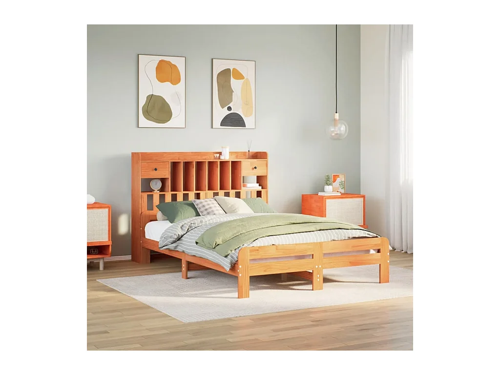 Lit bibliothèque sans matelas cire marron 140x190 cm pin massif