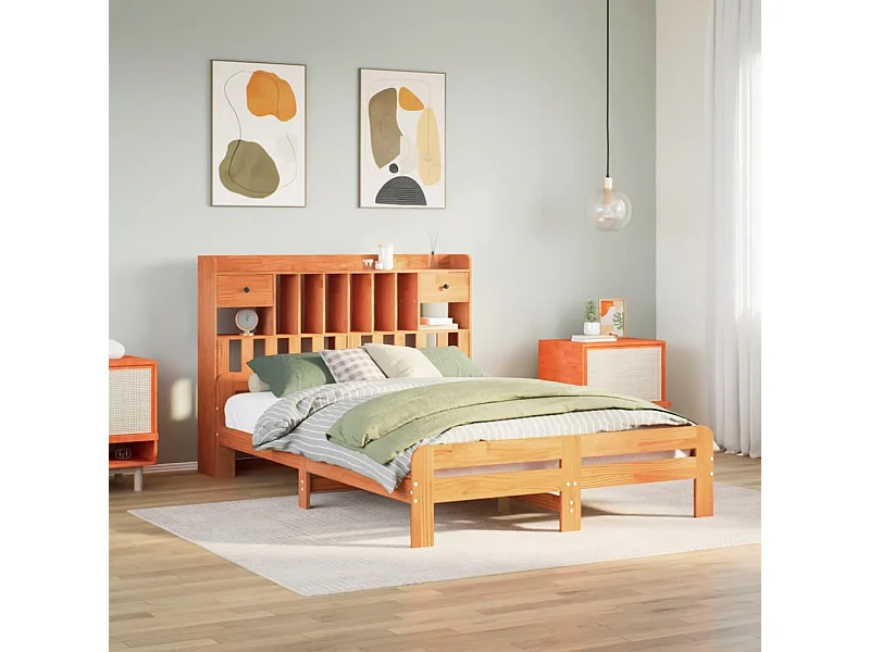 Cama con estantería sin colchón madera maciza marrón 140x190 cm
