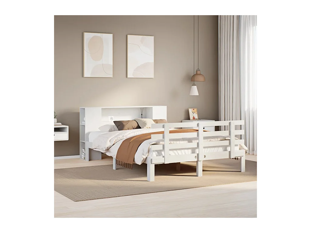 Lit bibliothèque sans matelas blanc 135x190 cm bois pin massif