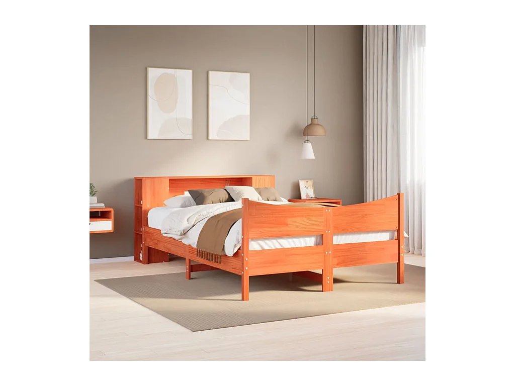 Cama sin colchón madera maciza de pino marrón cera 140x190 cm