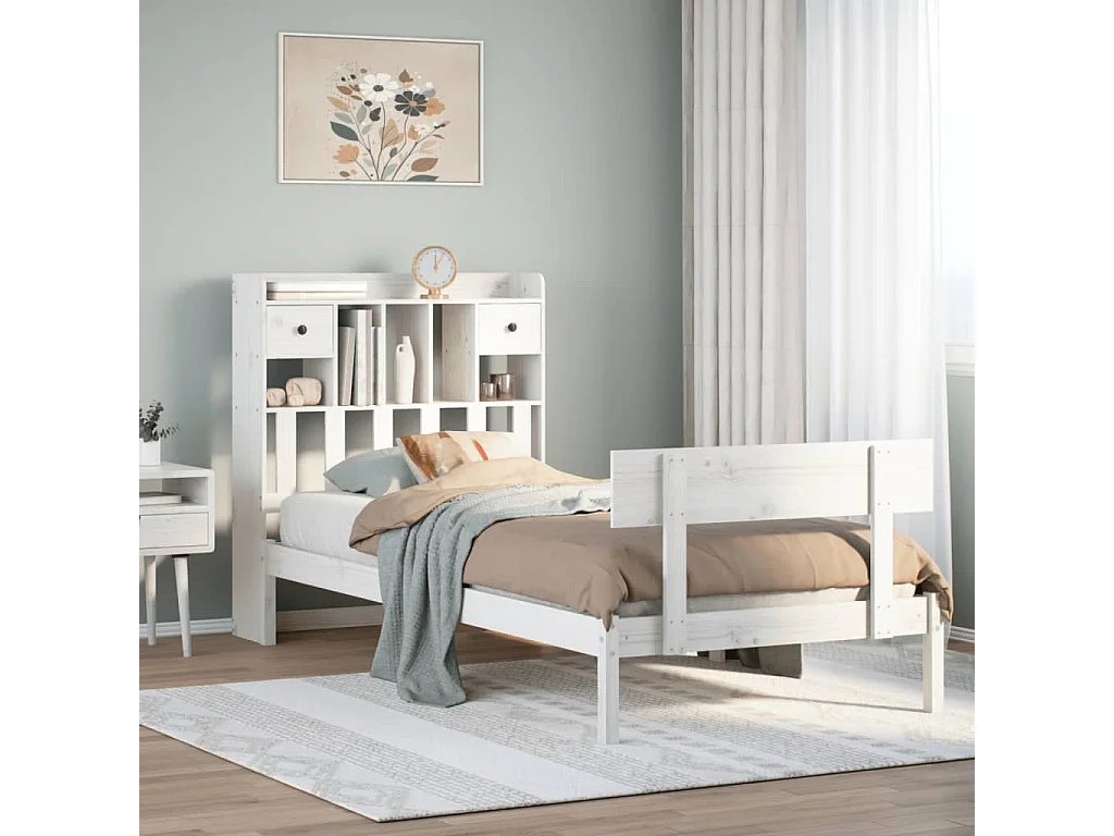 Cama com estante sem colchão 90x190 cm pinho maciço branco