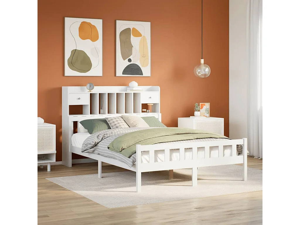 Cama con estantería sin colchón madera maciza blanca 150x200 cm