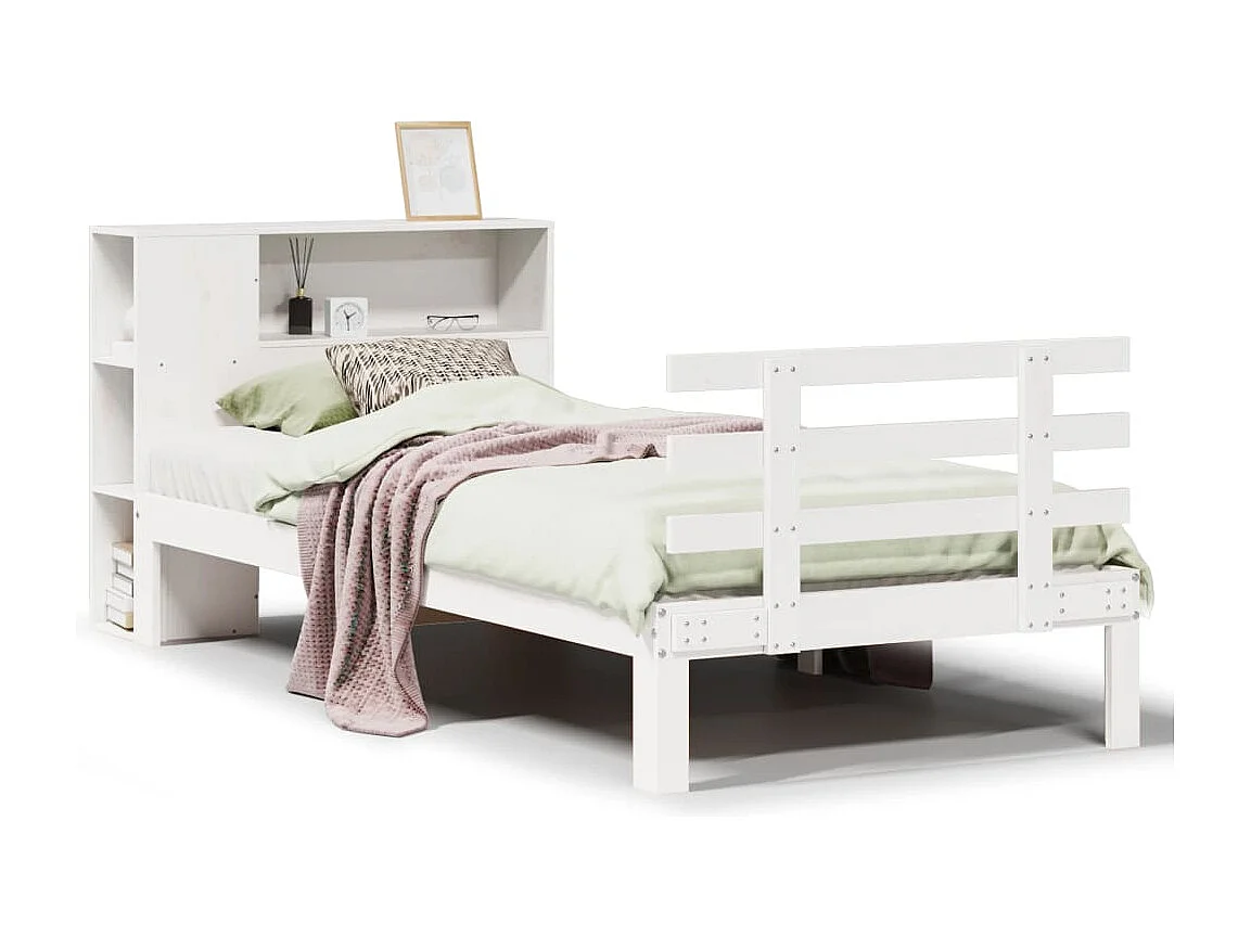 Cama con estantería sin colchón madera maciza blanca 75x190 cm