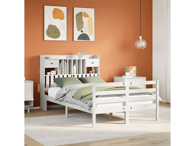 Cama con estantería sin colchón madera maciza blanca 135x190 cm