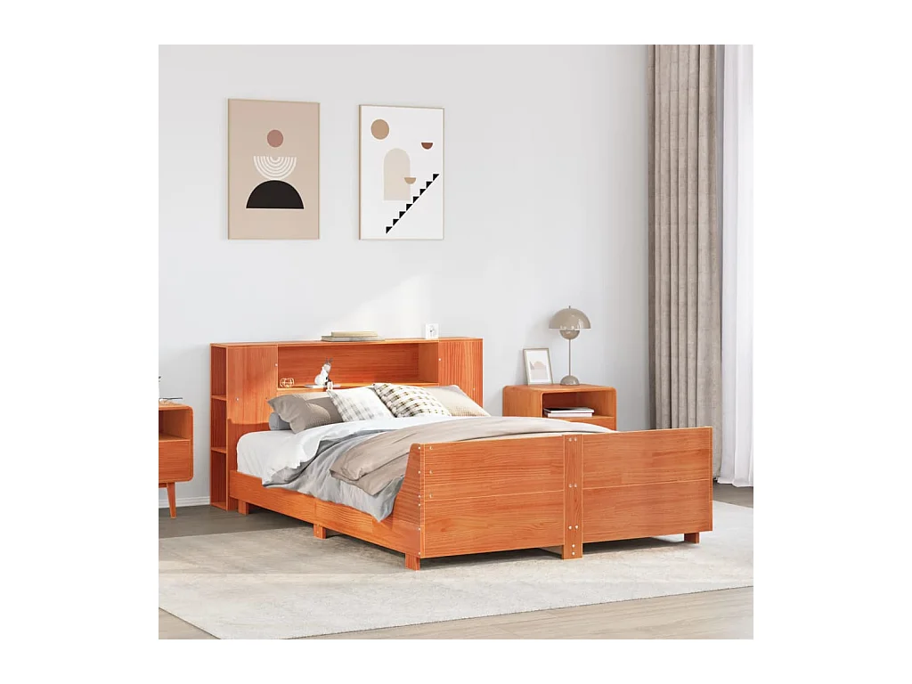 Cama sin colchón madera maciza de pino marrón cera 140x190 cm