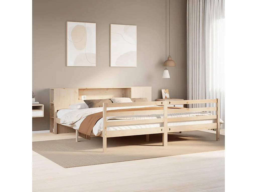 Lit bibliothèque sans matelas 200x200 cm bois massif de pin