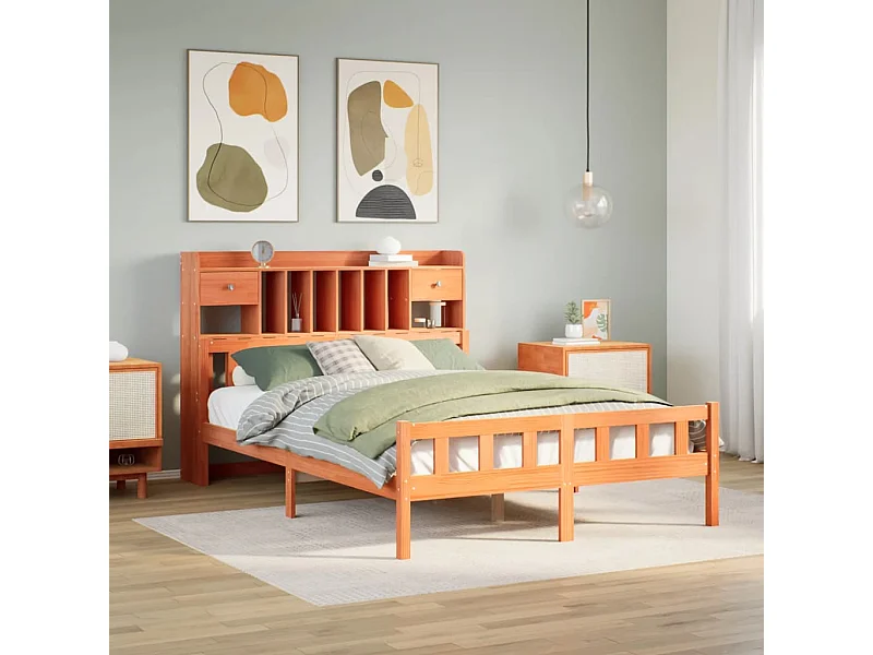 Cama con estantería sin colchón madera maciza marrón 160x200 cm